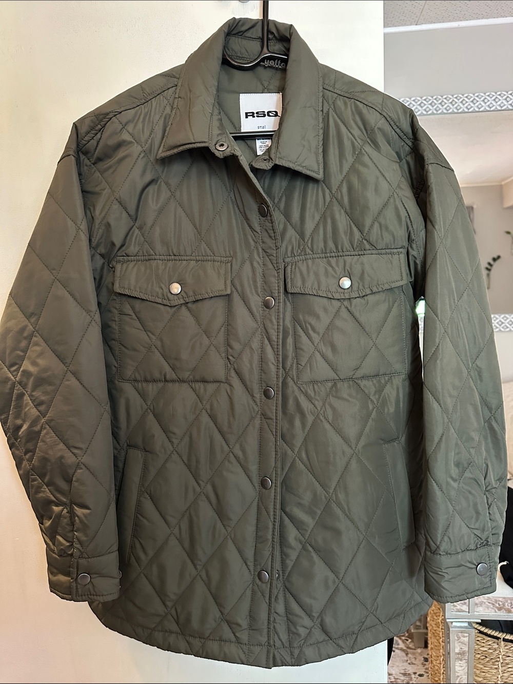 RSQ Quilted Olive Green Button-Front Puffer Jacket- Size Small